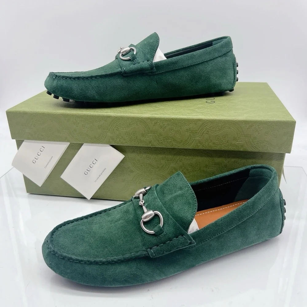 Gucci Men's Driver Loafers Moccasin GG Horsebit Vintage Green Suede UK 8 US 8.5